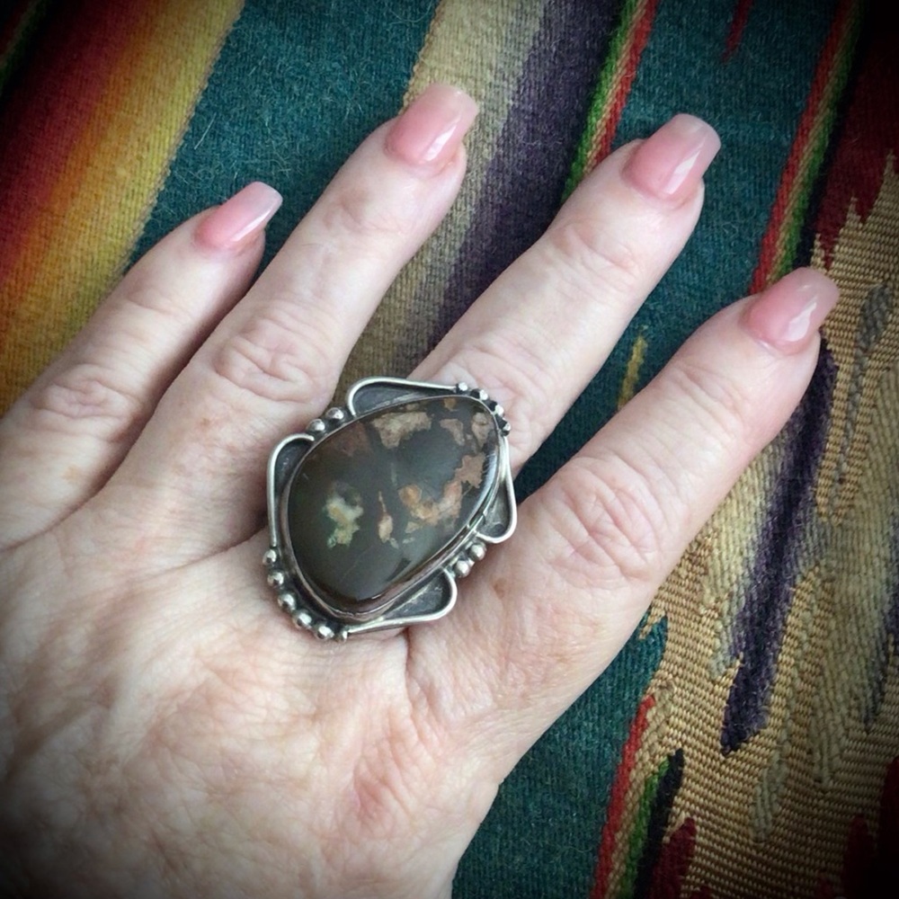 Native American Natural White Buffalo Jasper sterling silver signed ring.